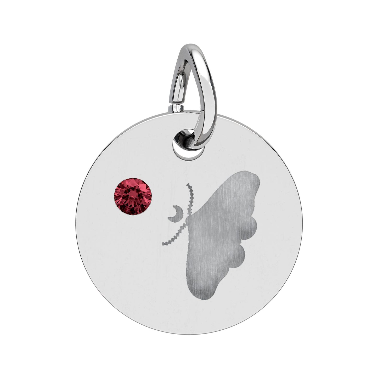 Engraved Birthstone Circle Charm — Personalized Butterfly Disc Necklace Pendant
