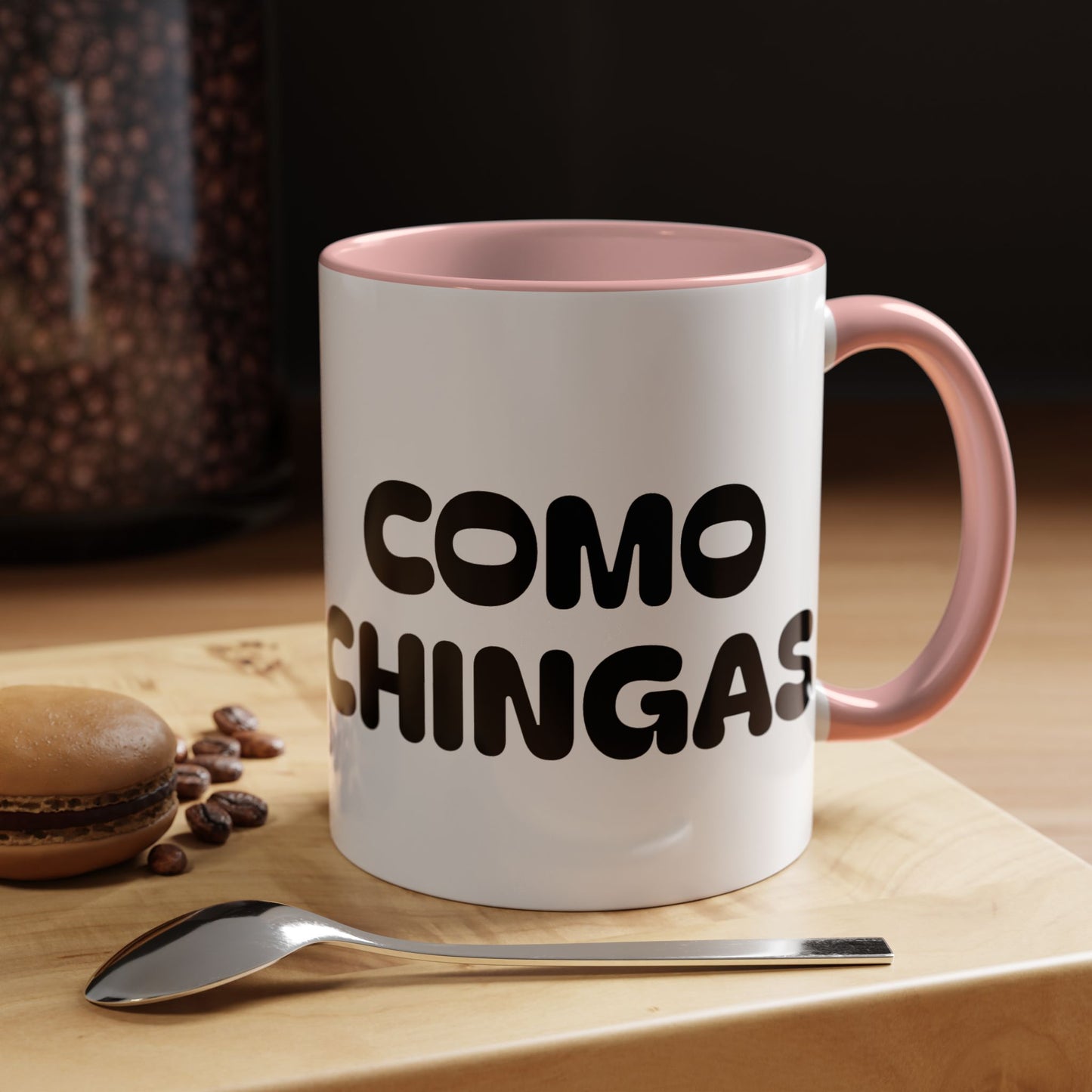 Accent Coffee Mug — 'Como Chingas' Funny Spanish Coffee Cup with Cute Donut Illustration