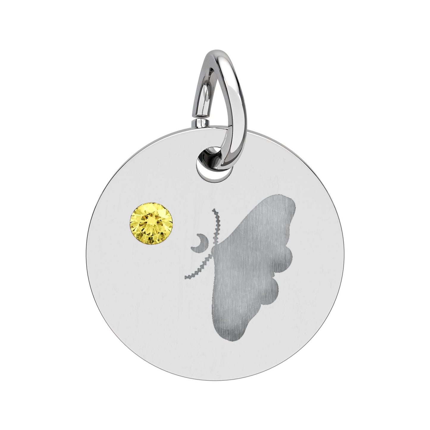Engraved Birthstone Circle Charm — Personalized Butterfly Disc Necklace Pendant