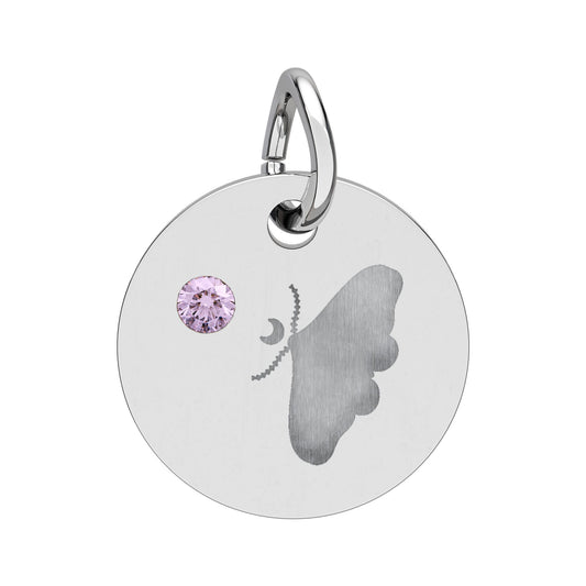 Engraved Birthstone Circle Charm — Personalized Butterfly Disc Necklace Pendant